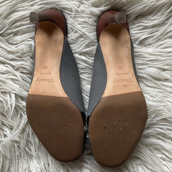 Theory V Mule Grey Cotton Canvas Leather Square Peep Toe Heeled Pump EUC Size 39 - Picture 9 of 12